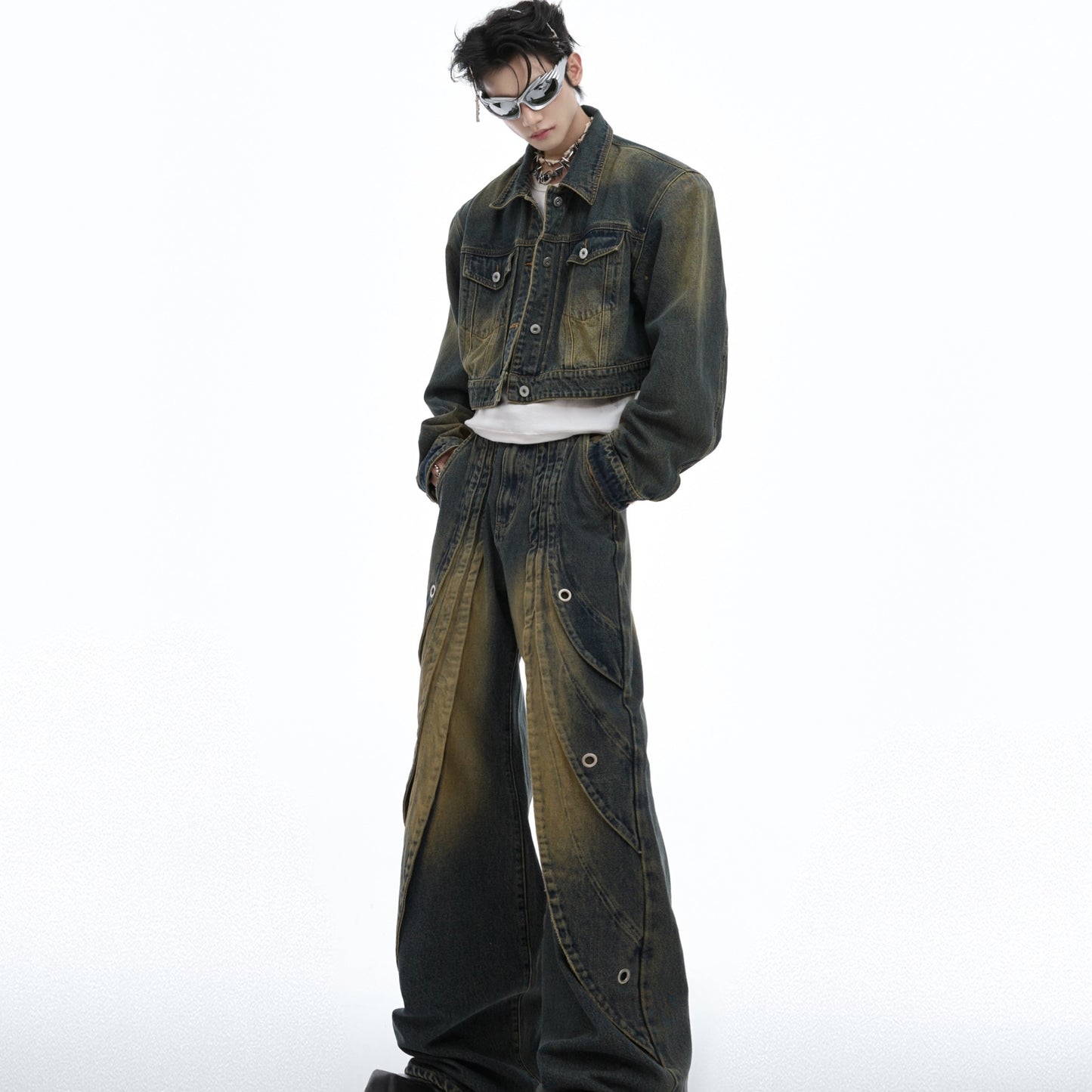 Distressed Gradient Short Denim Coat