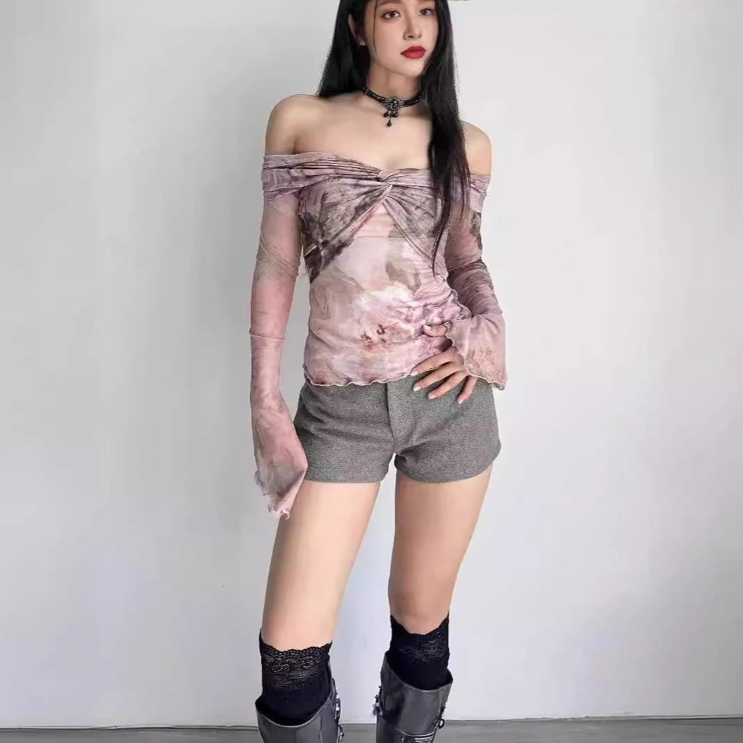 Mesh Floral Print Twist Fashion Summer New Personality Long Sleeve Bottoming Top