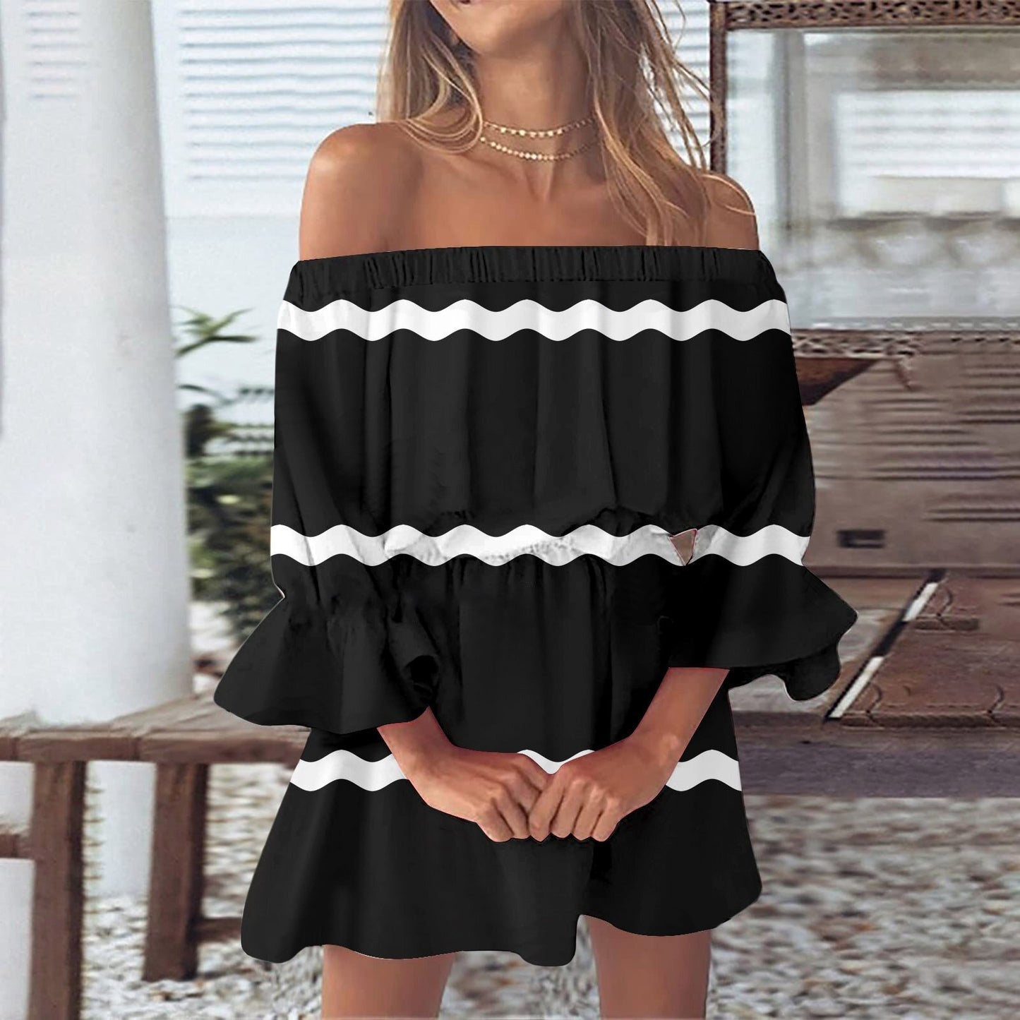 Women's One-word Shoulder Flared Sleeve Printed Dress