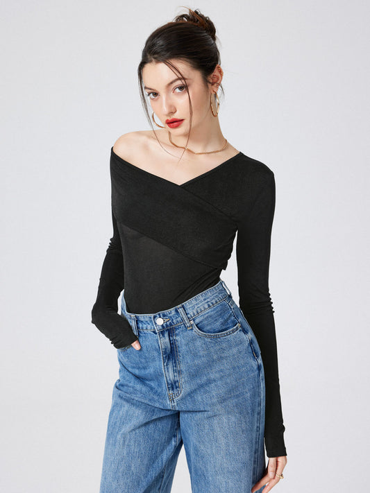 Women's Sexy Slim -body Exposed Long -sleeved Long -sleeved Cross Wrap V -neck Tattoo Knitted Jacket