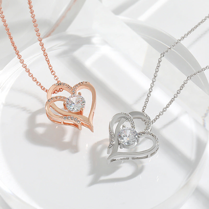 Zircon Double Love Necklace With Rhinestones Ins Personalized Heart-shaped Necklace Clavicle Chain