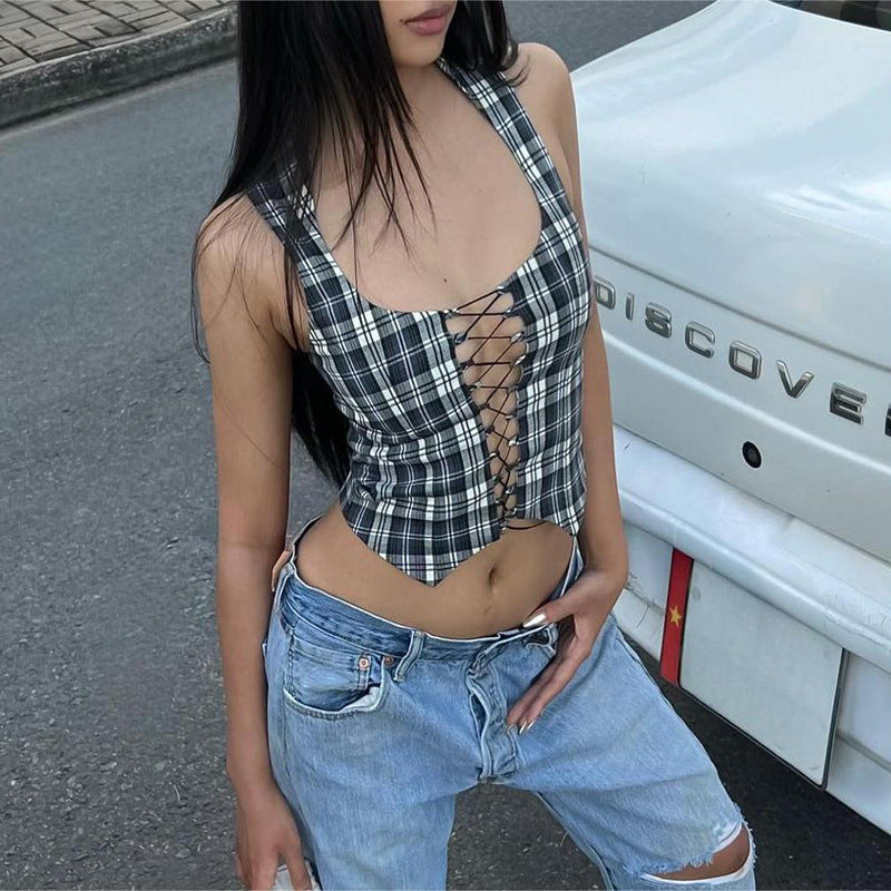 Street Style Trendy Slim-fit Plaid Stand-collar Hollow-out Lace-up Cinched Waist Waistcoat Top For Women