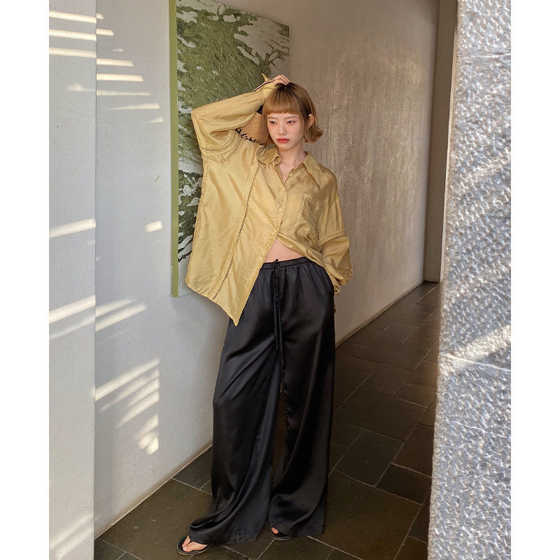 Women's Draping Loose Elastic Waist Drawstring Satin Casual Wide-leg Pants