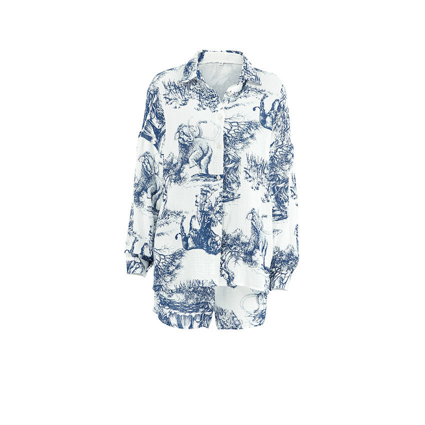 Fashion Printed Crepe Long Sleeve Shorts Two-piece Set