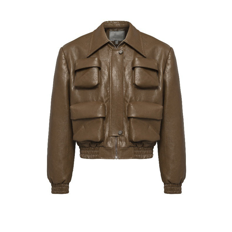 Short Multi-pocket Profile Design Spring And Autumn Leather Jacket Men's Loose Leisure Short Coat