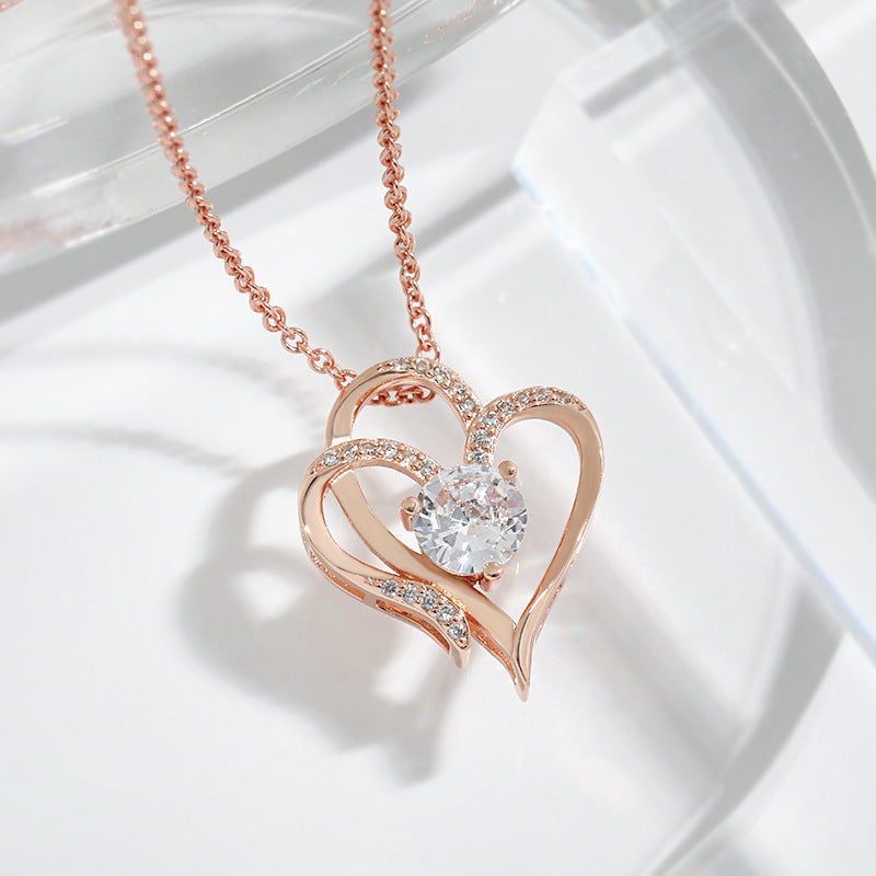 Zircon Double Love Necklace With Rhinestones Ins Personalized Heart-shaped Necklace Clavicle Chain