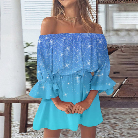 Women's One-word Shoulder Flared Sleeve Printed Dress