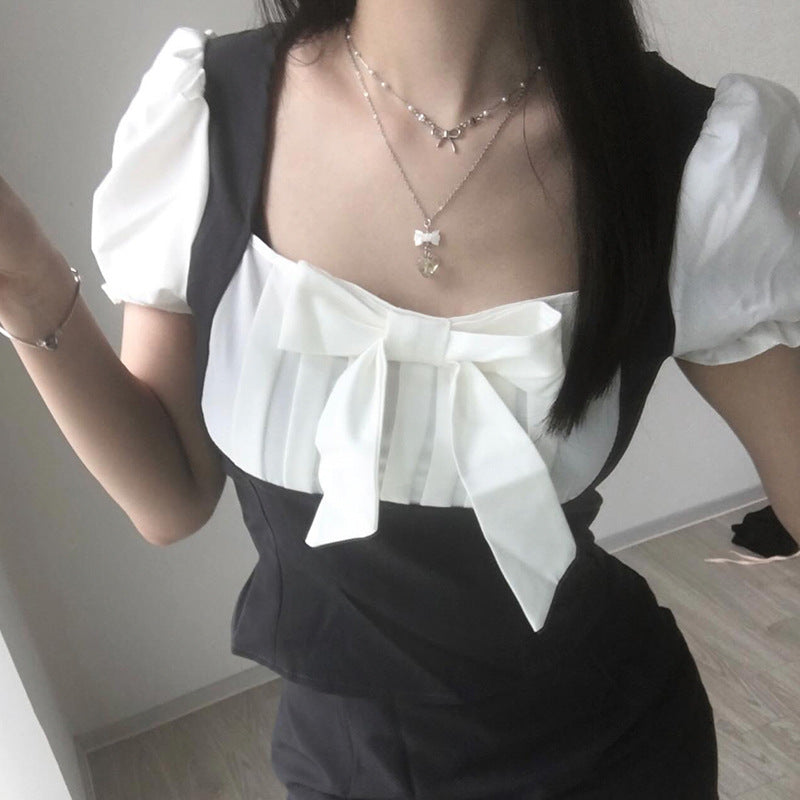 Women's Bow Stitching Puff Sleeve Top