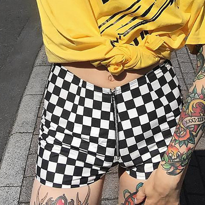 Women's Black And White Plaid Chessboard Plaid Zipper Slim Fit Hip Shorts