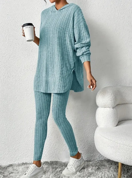 Ribbed Two-piece Set Casual Long Sleeve Hooded Top Skinny Pants Outfits