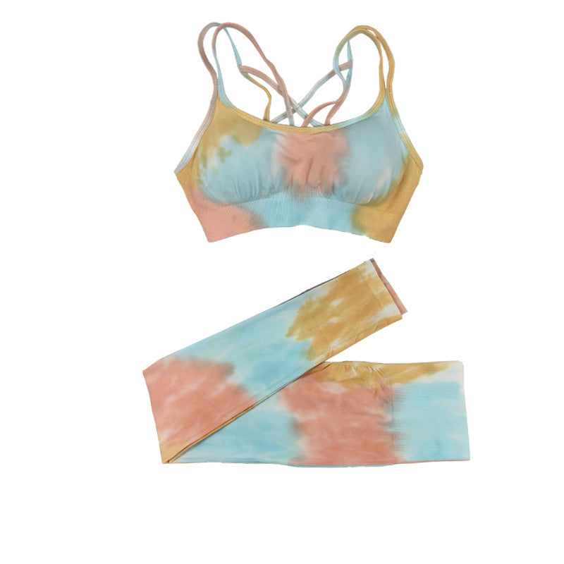 New Yoga Sports Lingerie Painted Double Strap Bra Shorts Set