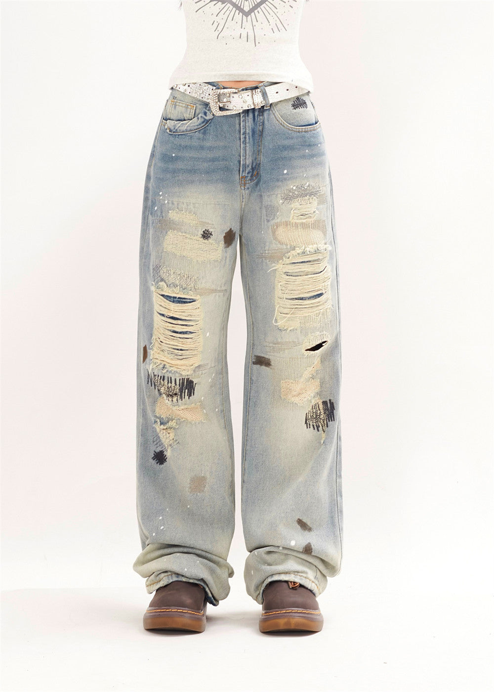 Punk Street Fashion Paint Splash Loose Distressed Beggar Straight-leg Trousers Men And Women