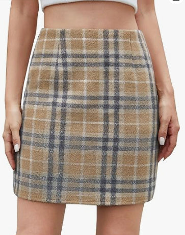 Women's High Waist Plaid Tight Pencil Wool Mini Skirt