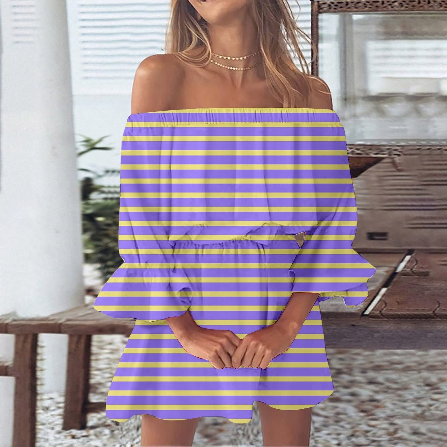 Women's One-word Shoulder Flared Sleeve Printed Dress