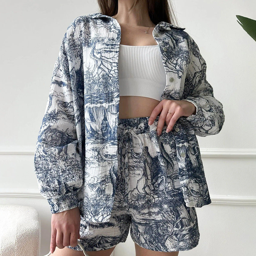 Fashion Printed Crepe Long Sleeve Shorts Two-piece Set