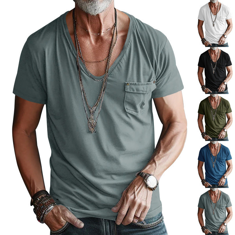Men's Pocket T-shirt Cross V-neck Solid Color Plus Size Casual Short Sleeve