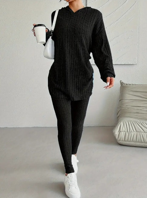 Ribbed Two-piece Set Casual Long Sleeve Hooded Top Skinny Pants Outfits