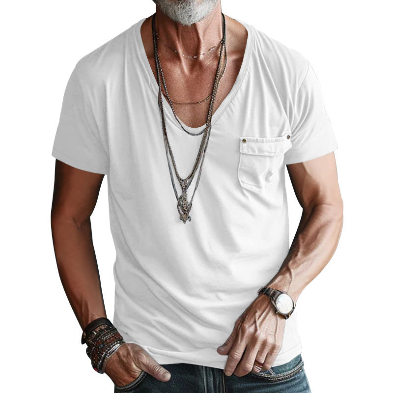 Men's Pocket T-shirt Cross V-neck Solid Color Plus Size Casual Short Sleeve