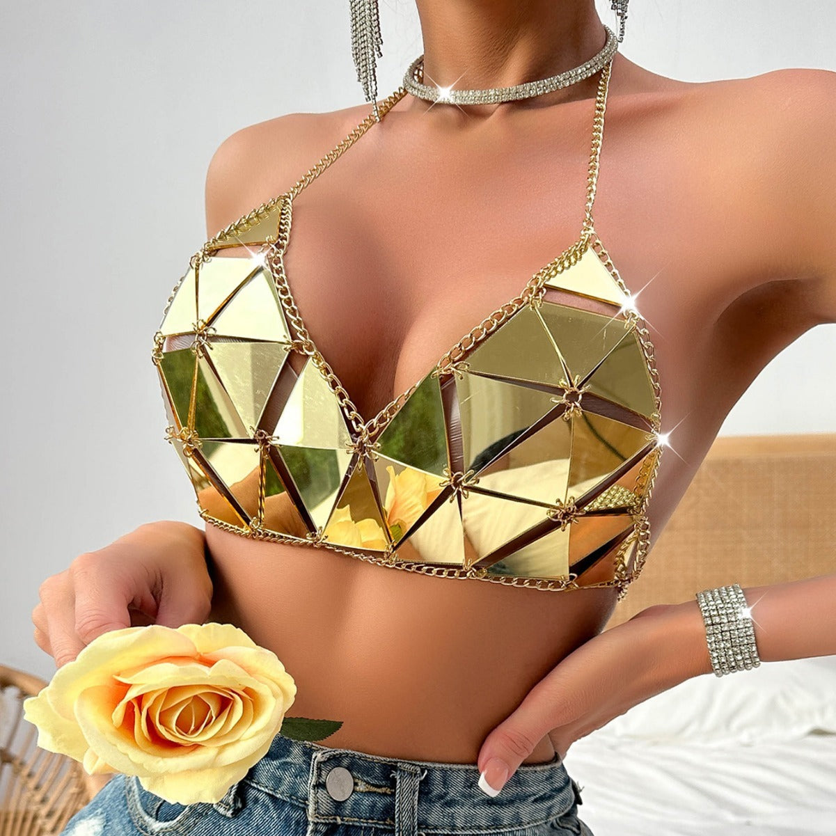 Fashion Nightclub Acrylic Paillette Triangle Stitching Bikini