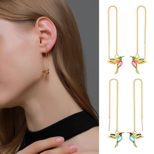 Fashion Jewelry New Unique Little Bird Drop Long Hanging Hummingbird Earrings