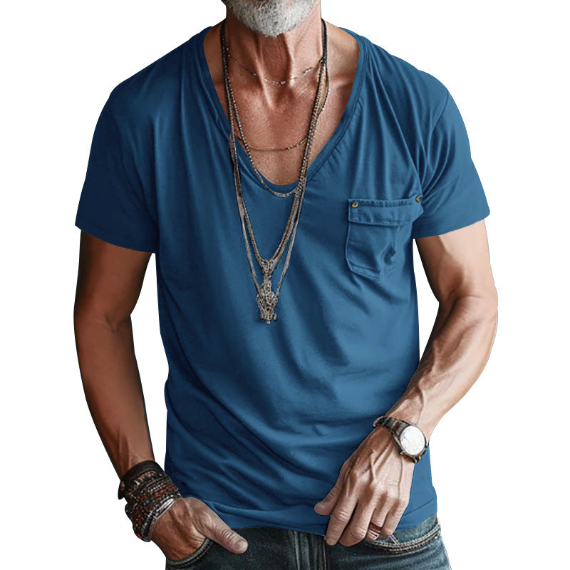 Men's Pocket T-shirt Cross V-neck Solid Color Plus Size Casual Short Sleeve