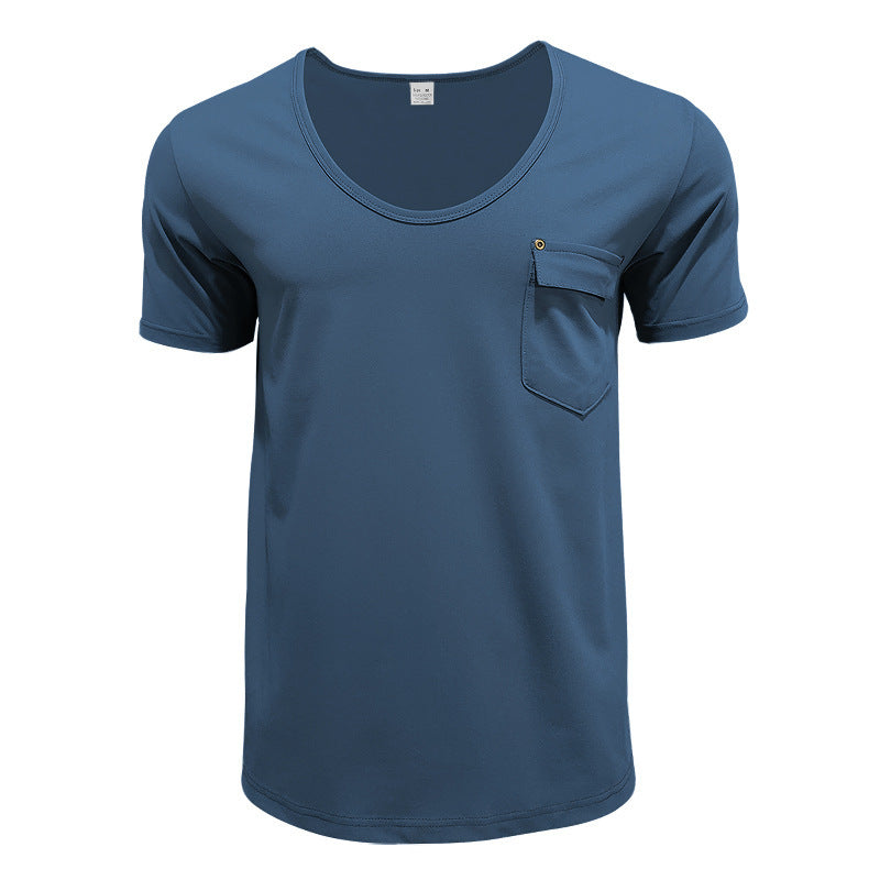 Men's Pocket T-shirt Cross V-neck Solid Color Plus Size Casual Short Sleeve