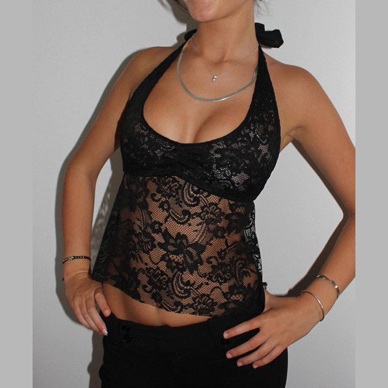 Fashion Halter Backless Lace Up Women's Lace Blouse