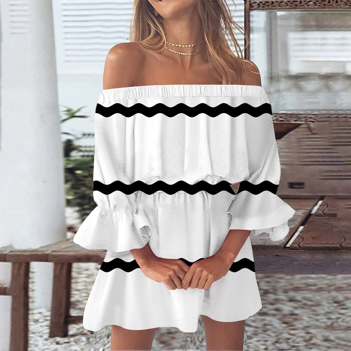 Women's One-word Shoulder Flared Sleeve Printed Dress
