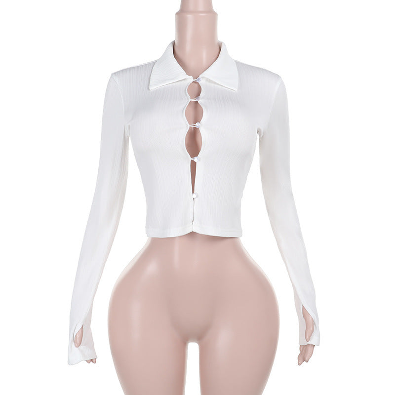 All-match Sunken Stripe Lapel Button Long-sleeved Top