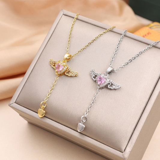 Moving Cupid Heart Angel Wings Tassel Necklace With Crystal