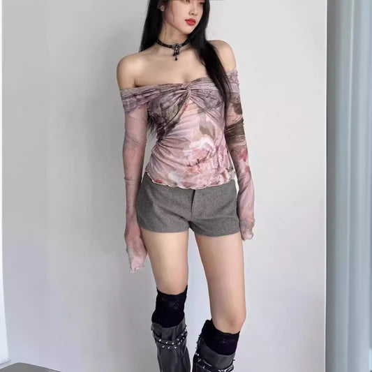 Mesh Floral Print Twist Fashion Summer New Personality Long Sleeve Bottoming Top