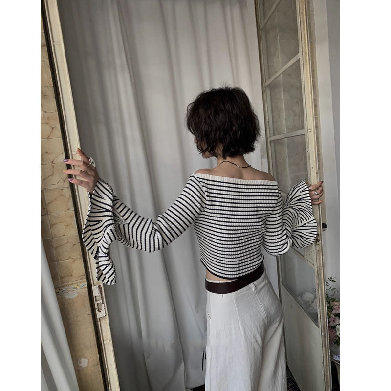 Three-dimensional Pit Striped Off-the-neck Design Sweater Irregular Bell Sleeve Short Waist-controlled Top