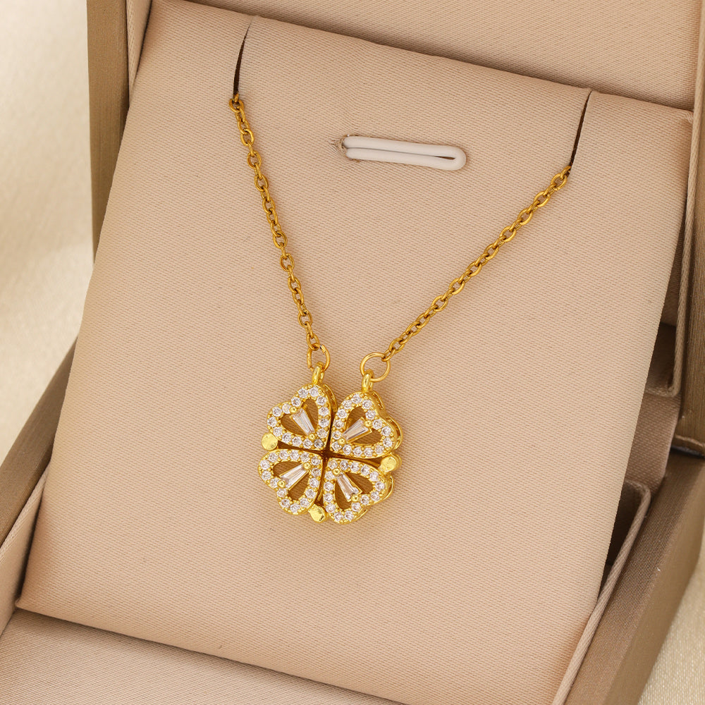 1pcs Fashionable Zircon Heart-shaped Necklace With A Magnetic Folding Four Leaf Heart-shaped Connection