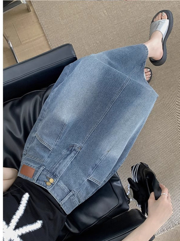 Retro Denim Skirt For Women Summer High Waist Back Slit Medium Long Slim A-line Skirt