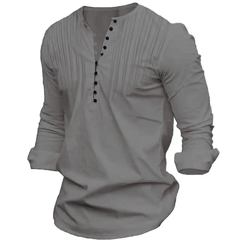 Men's Casual Stand-up Collar Door Barrel Solid Color Long-sleeved Shirt