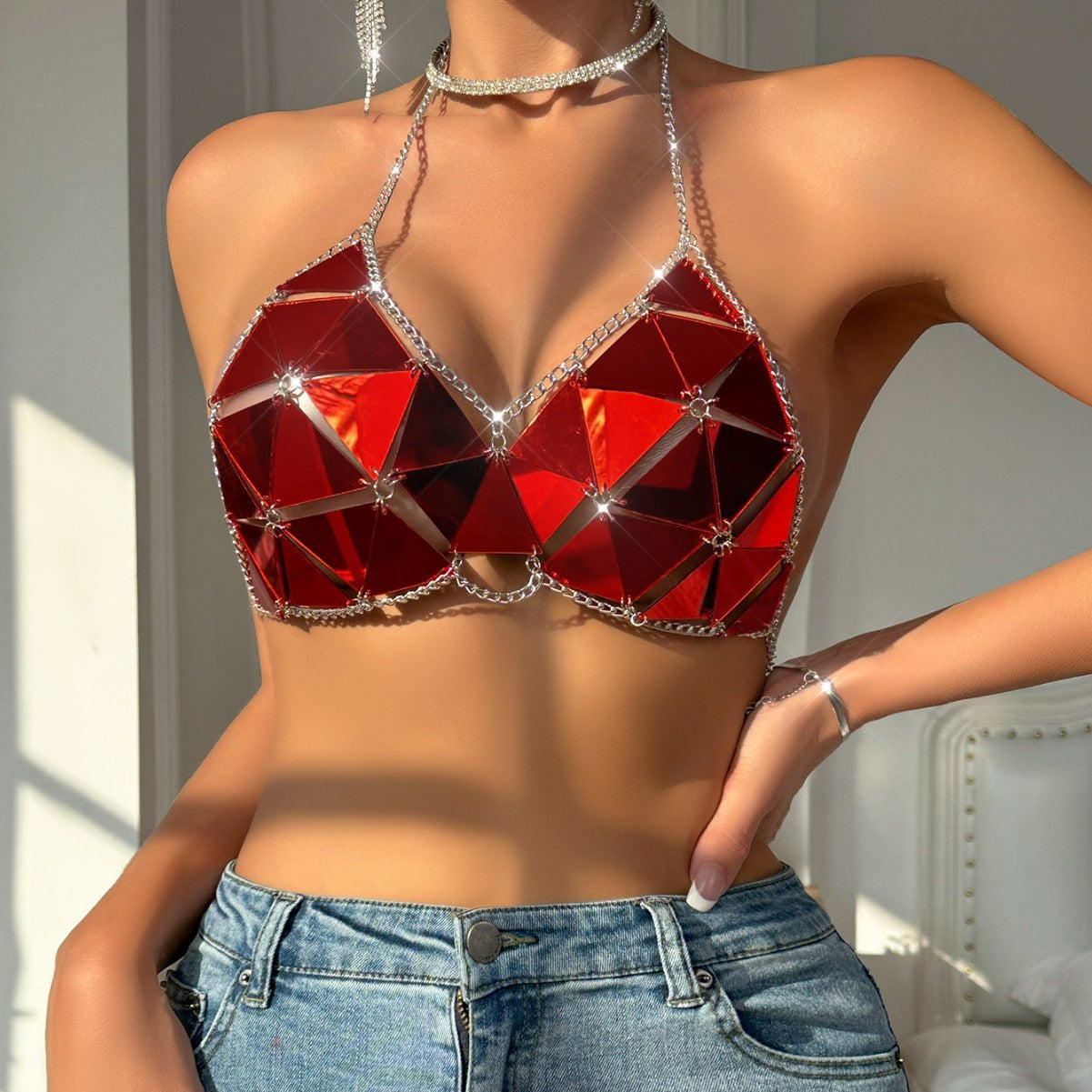 Fashion Nightclub Acrylic Paillette Triangle Stitching Bikini