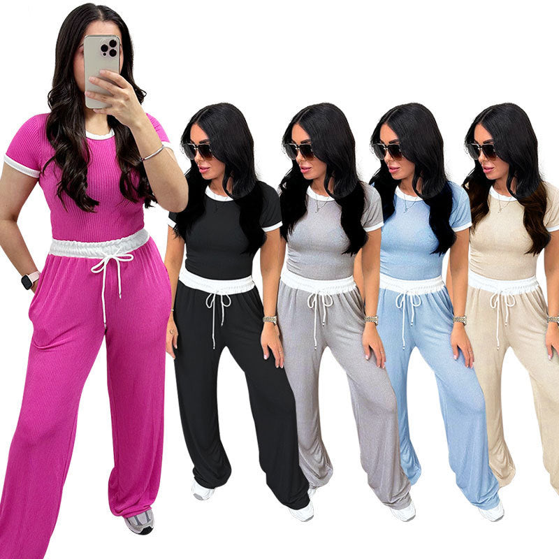 Round Neck Contrast Color Women's Fashion Casual Wide-leg Pants Sports Suit