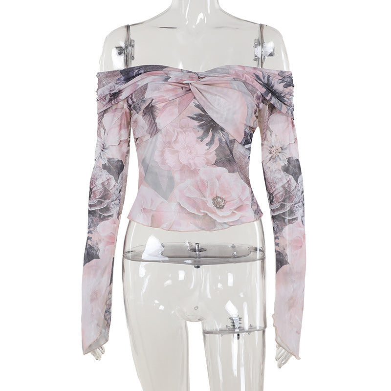 Mesh Floral Print Twist Fashion Summer New Personality Long Sleeve Bottoming Top