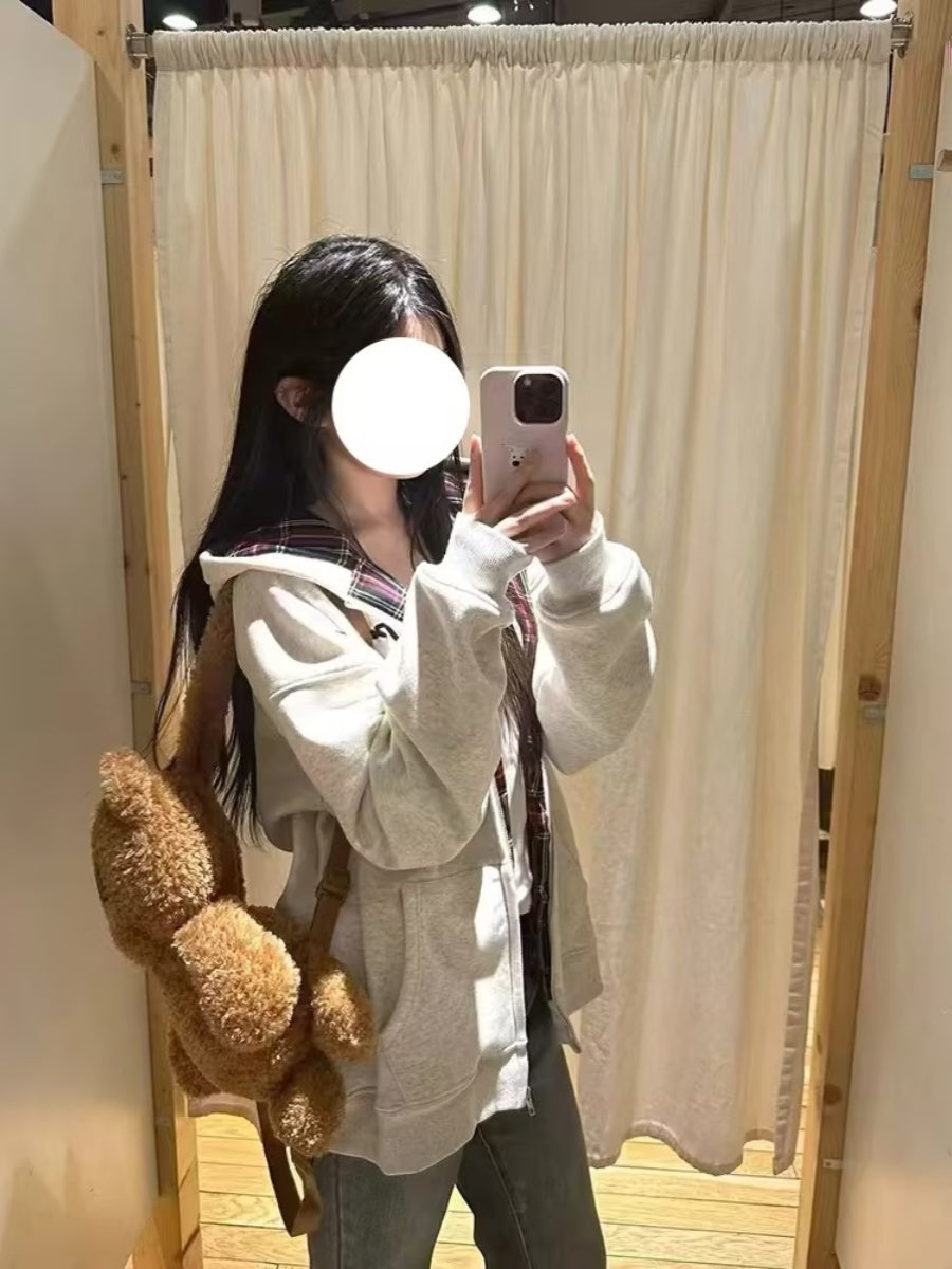 Retro Plaid Hooded Sweater For Women Fleece-lined