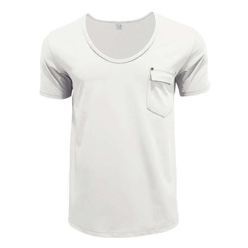 Men's Pocket T-shirt Cross V-neck Solid Color Plus Size Casual Short Sleeve