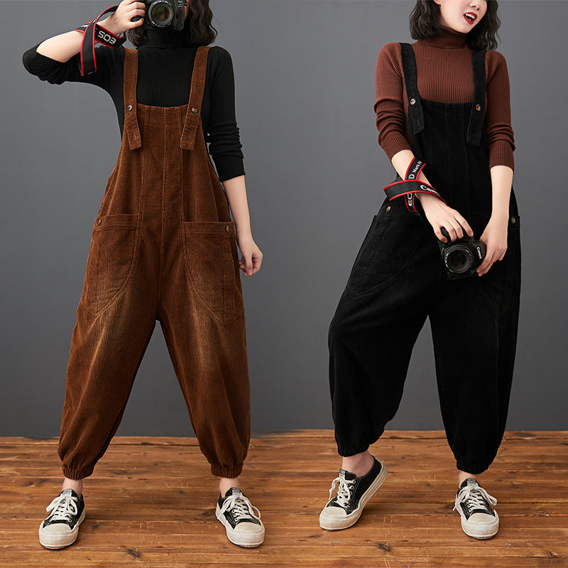 Corduroy Large Pocket Age Reduction Plus Size Overalls