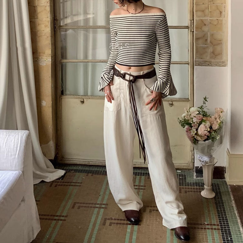 Three-dimensional Pit Striped Off-the-neck Design Sweater Irregular Bell Sleeve Short Waist-controlled Top