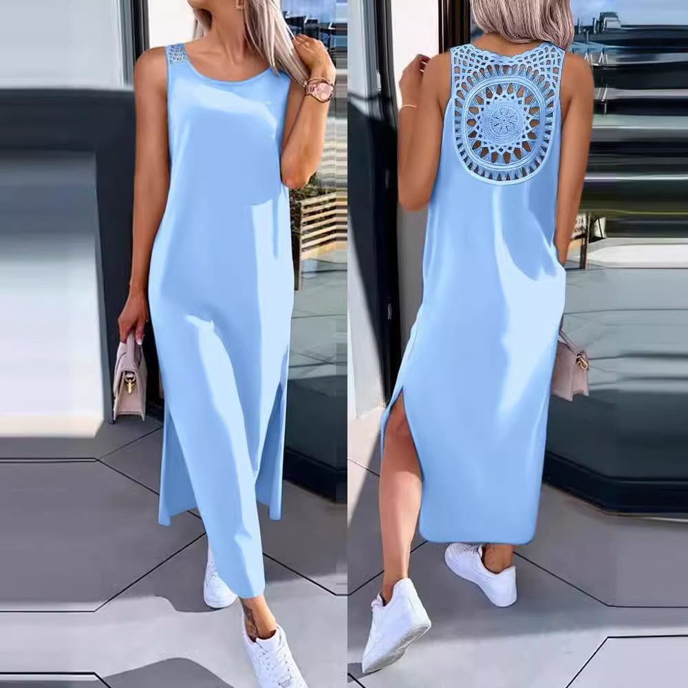 Summer Solid Color Back Hollow Lace Sleeveless Split Dress