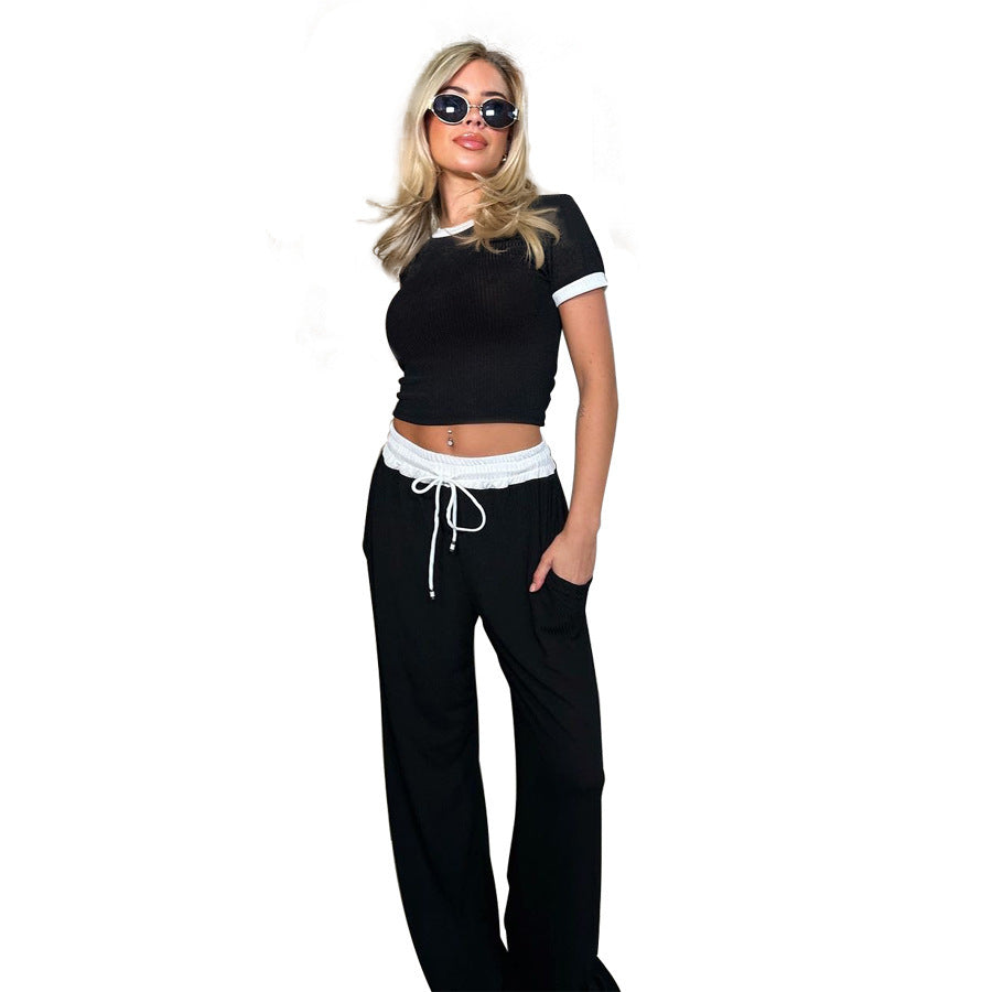Round Neck Contrast Color Women's Fashion Casual Wide-leg Pants Sports Suit