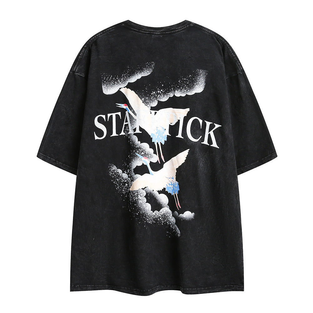 Men's Crane Print Short-sleeved T-shirt Behind