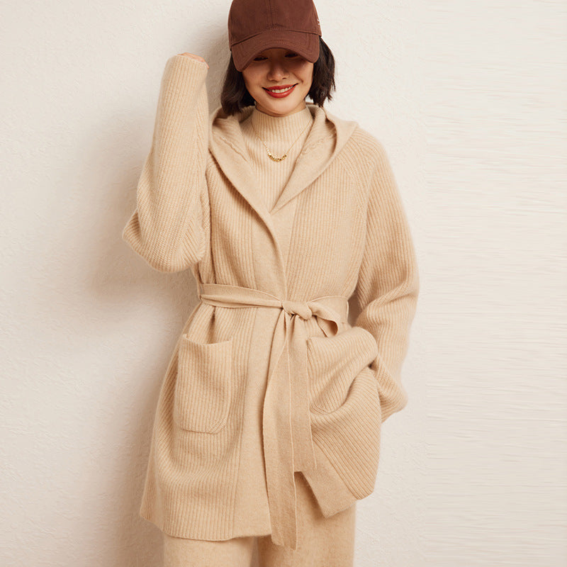 Cashmere Autumn And Winter Loose Hooded Double-sided Fashion Casual Knitted Cardigan Coat Coat