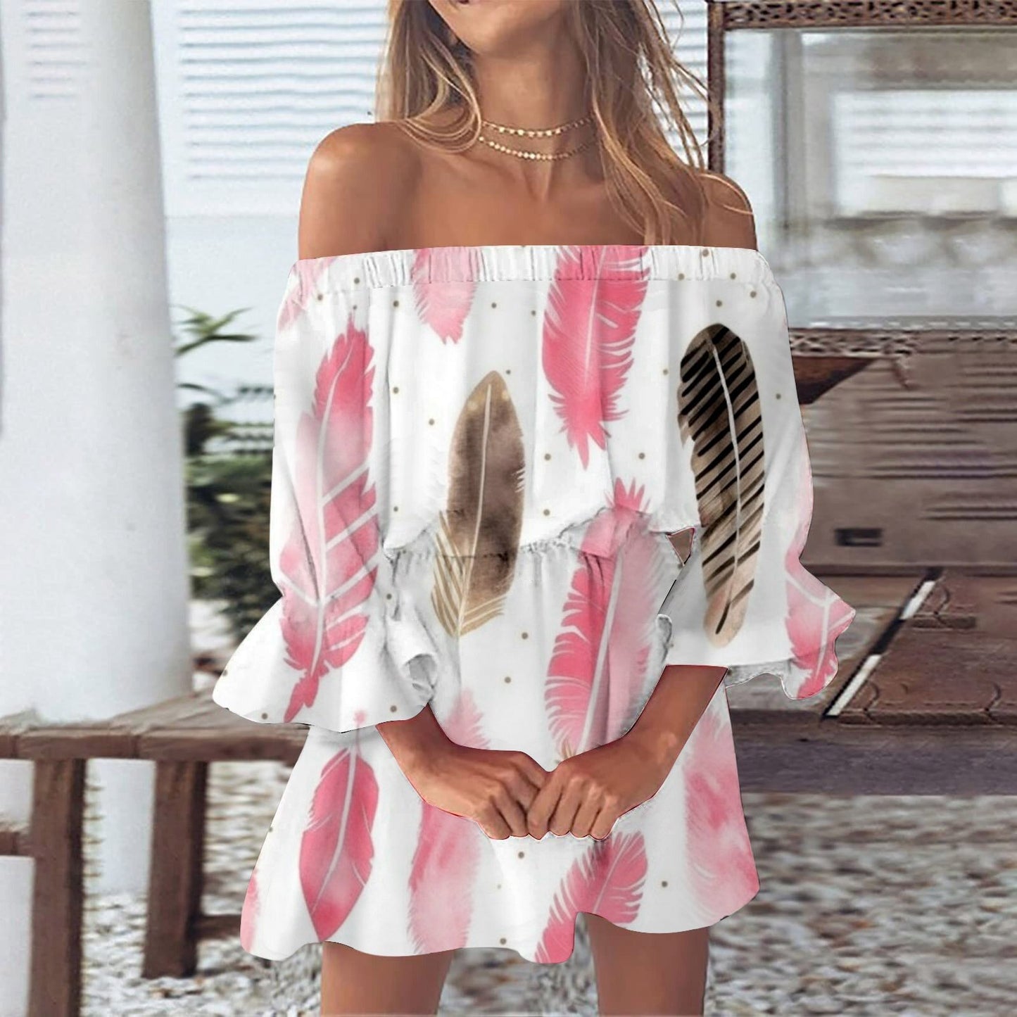 Women's One-word Shoulder Flared Sleeve Printed Dress