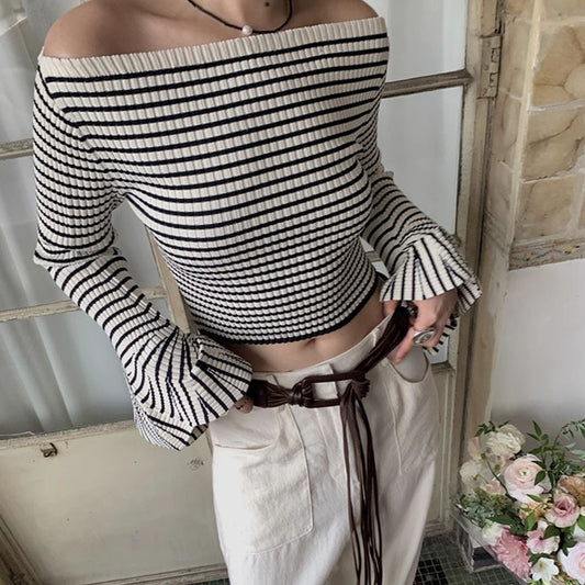 Three-dimensional Pit Striped Off-the-neck Design Sweater Irregular Bell Sleeve Short Waist-controlled Top