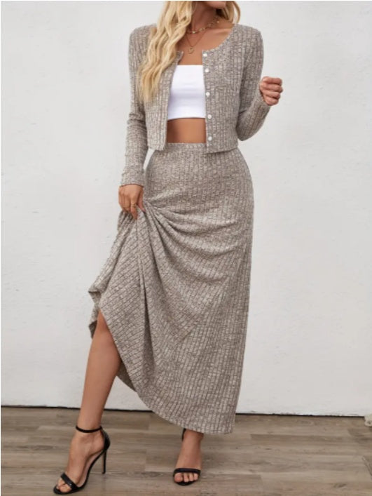 Oriented Fashion Elegant Autumn-Winter New Long-Sleeve Flared Skirt Button-Up Round Neck Cardigan Short Solid Color Goddess Soft Temperament Midi Dress Set