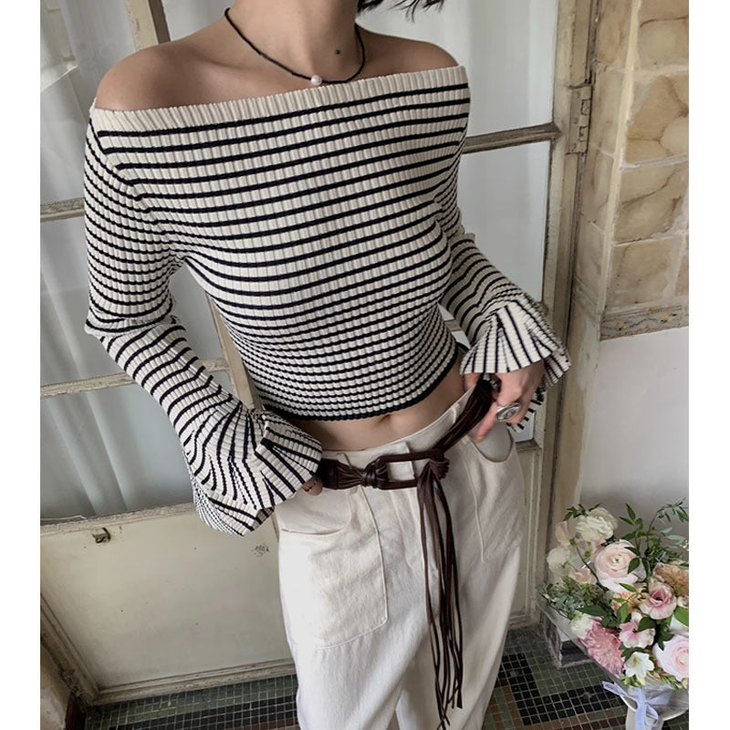 Three-dimensional Pit Striped Off-the-neck Design Sweater Irregular Bell Sleeve Short Waist-controlled Top
